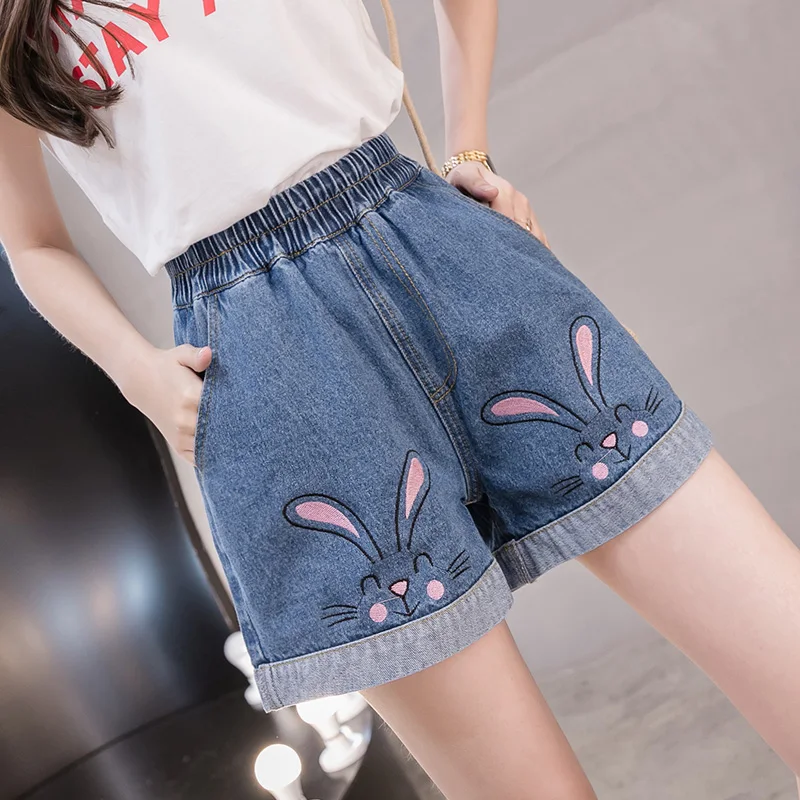 

Female Loose Plus Size Women Rabbit Embroidery Shorts 2024 Summer Casual Elastic Waist Ladies Denim Shorts Jeans Girls Kawaii