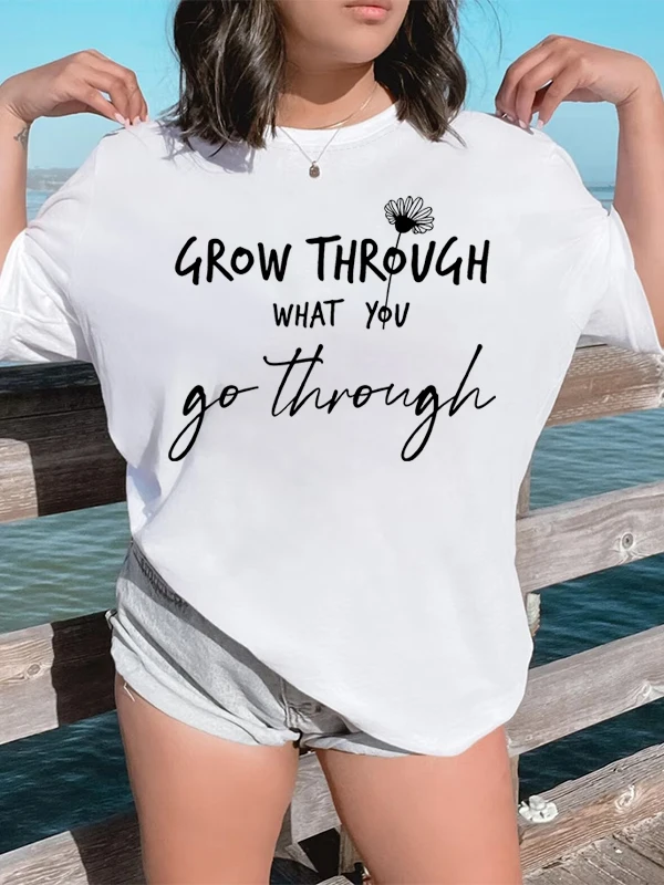 

Женская футболка с надписью «Grow Through You Go Through», новая модная повседневная женская футболка для праздника, модная Универсальная футболка для девушек