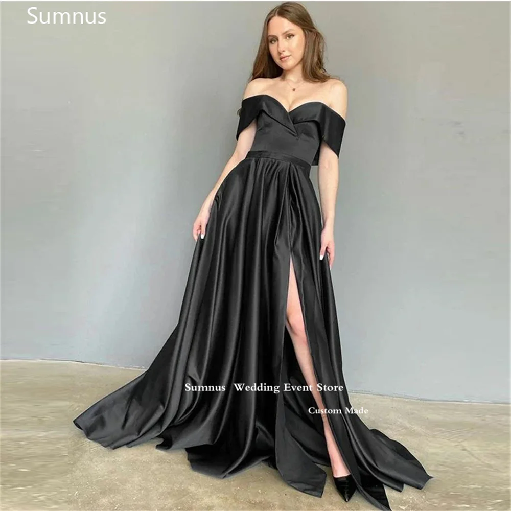 

Sumnus Black Satin Evening Dresses Off The Shoulder Long A Line High Side Slit Pleat Vestidos Para Eventos Especiales 2023