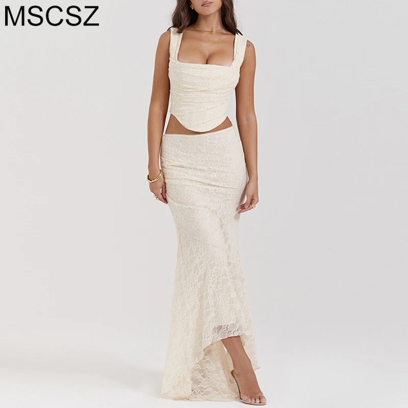 MSCSZ White Lace Two Piece set Women Elegant Party Club Outfits