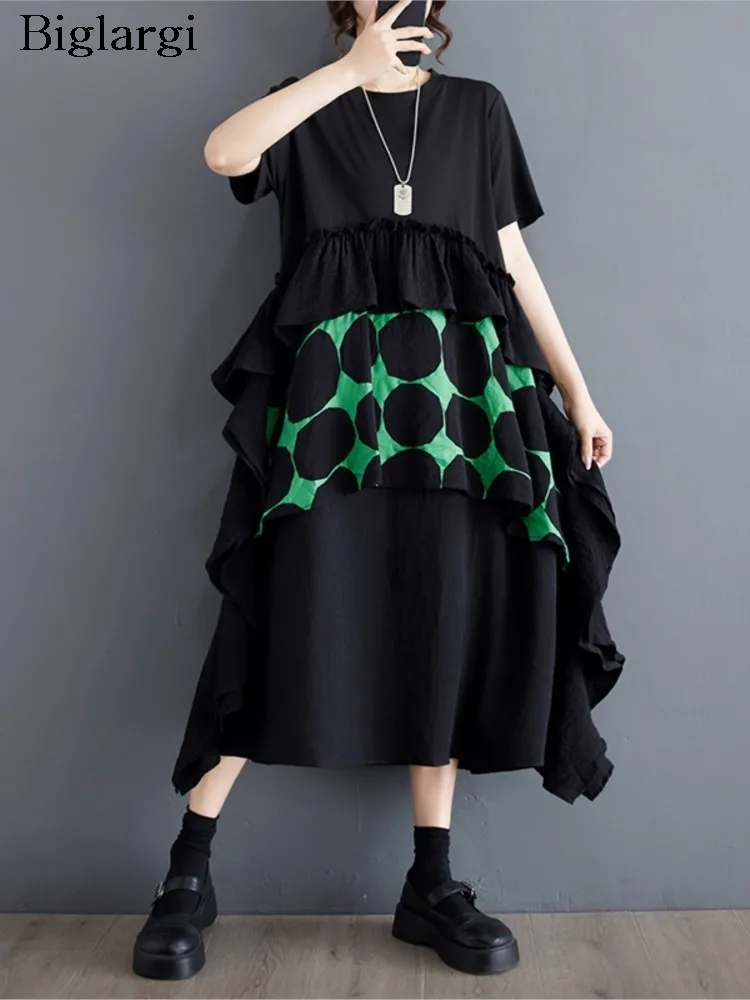 

Oversized Summer Midi Dress Women Polka Dot Print Fashion Irregular Patchwork Ladies Dresses Ruffle Pleated Loose Woman Dress