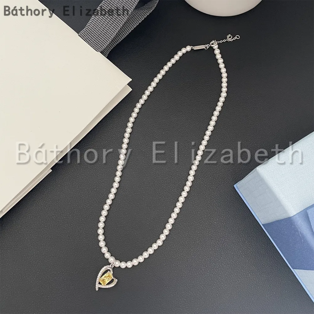 

Báthory Elizabeth High Quality Vintage Heart Yellow Crystal Pearl Chain Necklace For Woman Luxury Jewelry Collares Para Mujer