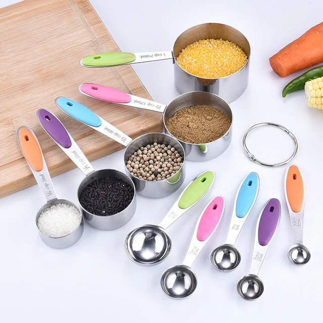 Measuring Cups and Spoons Set, 7 Stainless Steel Nesting Measuring Cups & 7  Spoons, 5 Mini Measuring Spoons & 2 Detachable Rings, Kitchen Gadgets for