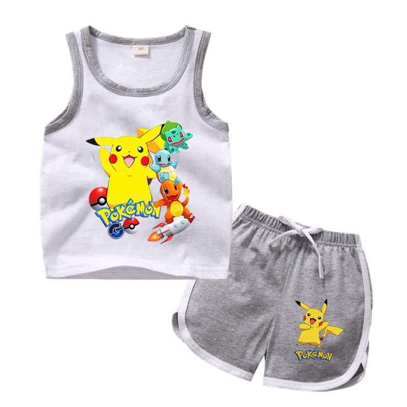 Conjunto de ropa para niños, camiseta de Pikachu para niño y niña, pantalones cortos, conjuntos de 2 uds., conjuntos de algodón para niñas pequeñas, ropa deportiva de la Patrulla Canina para niños