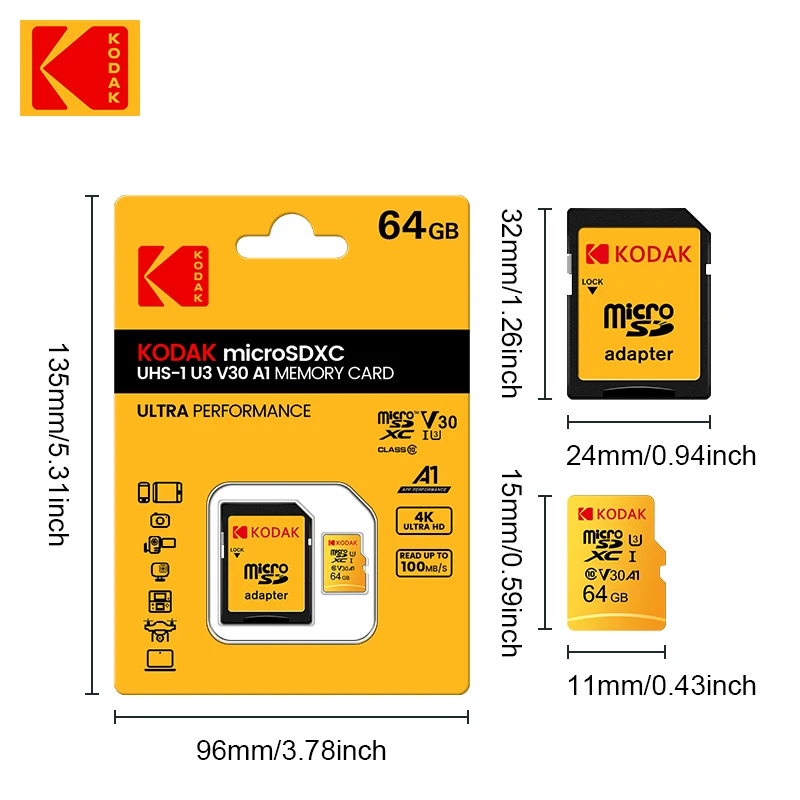 Kodak Ʈ UHS-1 A1 ޸ ī, Ŭ 10 ÷ ̺ ī  ī , 32GB, 64GB, 128GB, 256GB, 100 MB/s