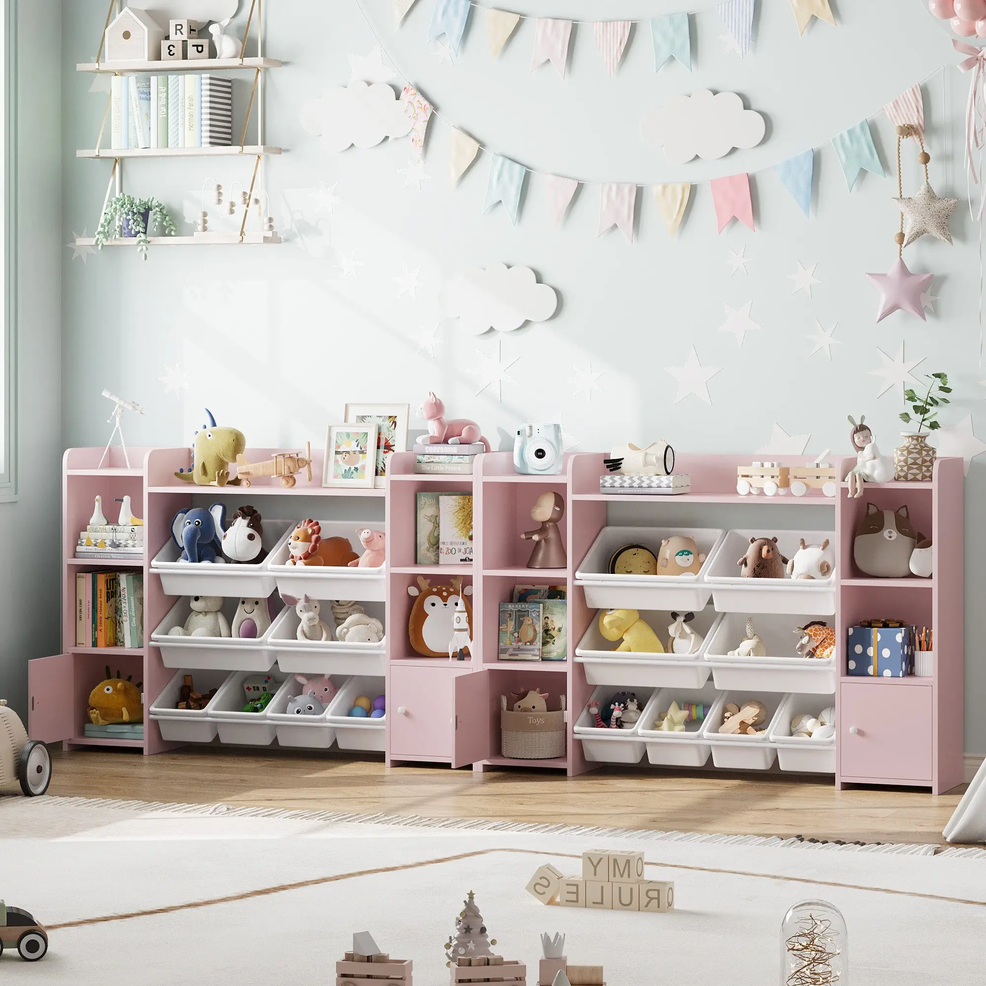 Children's Bookshelf Has 8 Storage Boxes and 4 Open Compartments Wooden Cube Bookcase