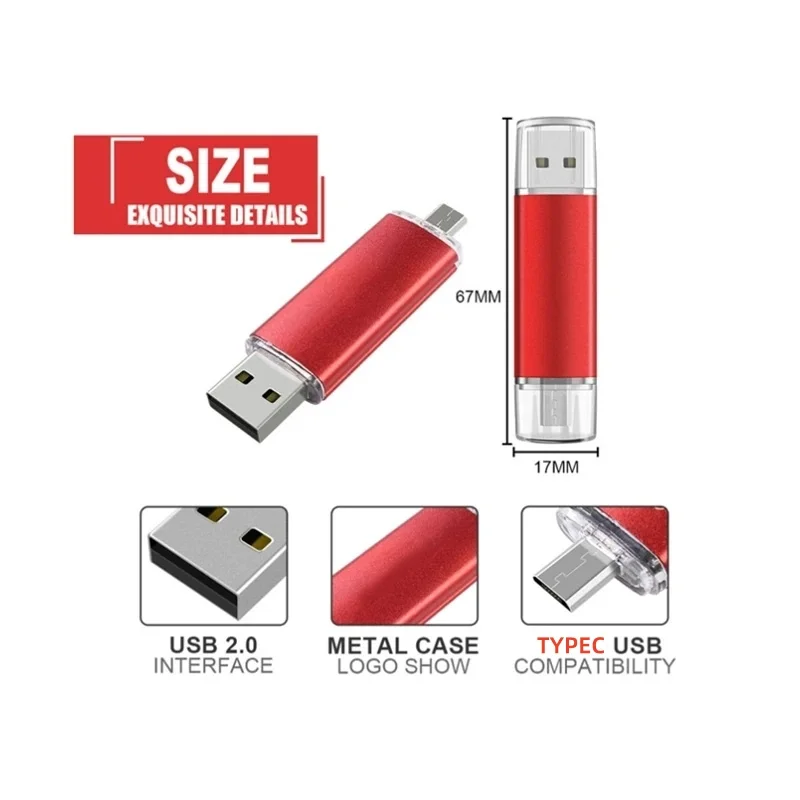 OTG USB 펜드라이브 2 in 1 타입C OTG 2.0 맞춤형 로고 플래시 드라이브 128GB 64GB 클레 USB 메모리아 메탈 스틱 32GB 8GB 펜 드라이브 PC용