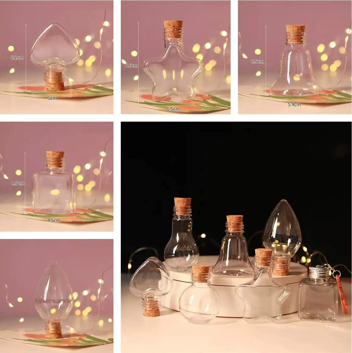 1/2X Heart/Square/Star/Ball/lamp bulb Plastic Bottle With Cork Stopper Message Bottles Jars Vials Gift Art DIY Craft Home Decor 4