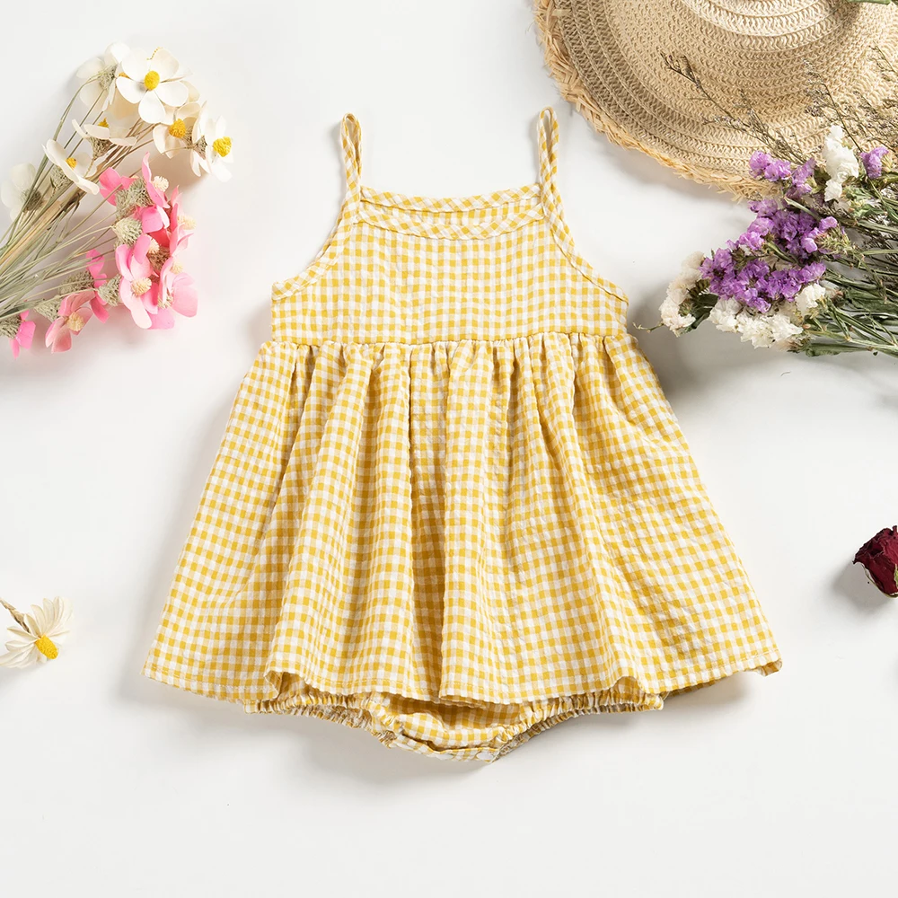 Baby Bodysuit Girls Summer Plaid Rompers Newborn Sleeveless Dress-like Onepiece Clothes