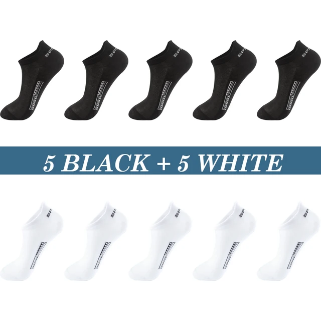 High Quality 10Pairs Men Socks Cotton Summer Sports Breathable Ankle Socks Mesh Casual Athletic Thin Cut Short Plus Size 39-48 5 Black 5 White