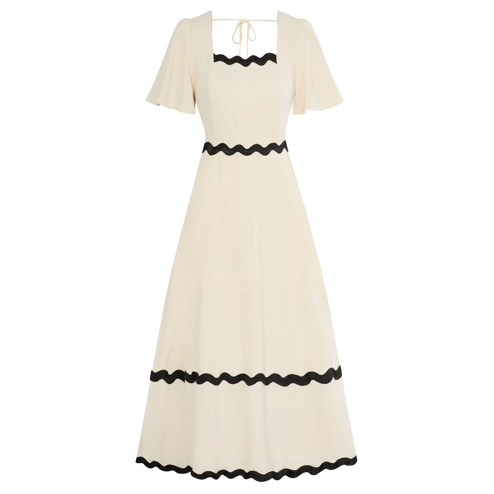 

GK Women Contrast Color Dress Short Sleeve Square Neck Mid-Calf A-Line Dress