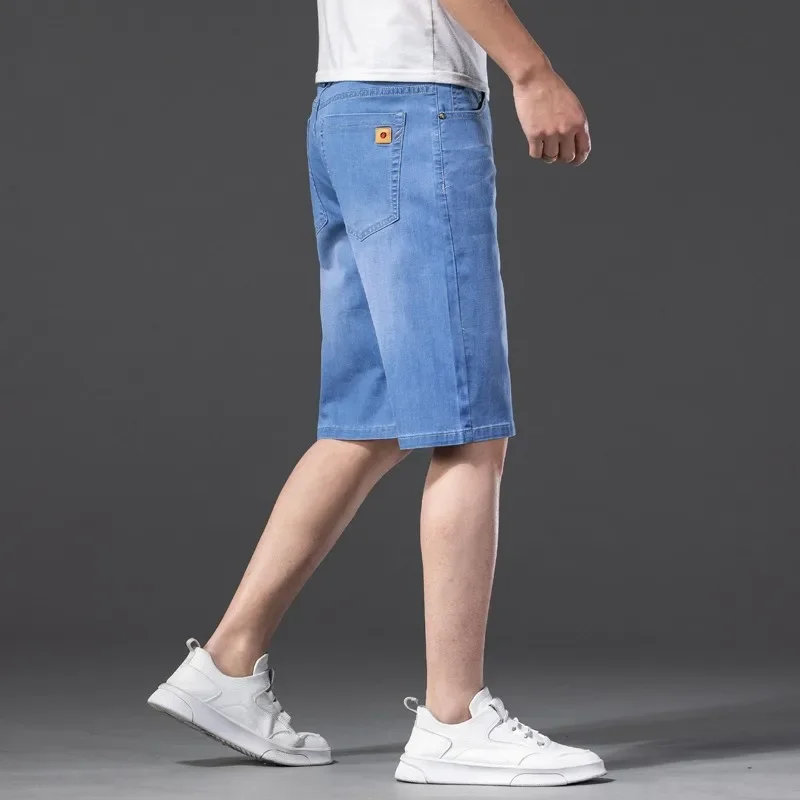 2024 Men Knee Length Soft Light Blue Casual Shorts Summer Brand Stretch Thin High Quality Cotton Denim Jeans  Plus Size 28-46 2