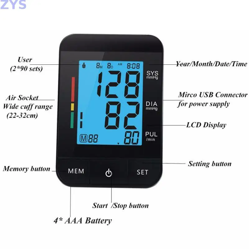 Upper Arm Medical Blood Pressure Monitor Cuff Digital Sphygmomanometer Lcd Display Accurate Blood Pressure Measurement Tonometer