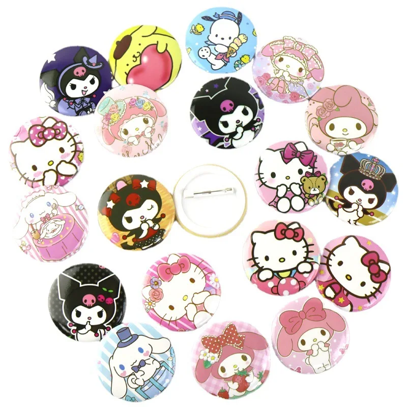 

Sanrio Anime Characters Cute KT Cat Novelty Charm Badge Tinplate Kawaii Yugui Dog Kulomi Brooch Accessories Girl Party Gift