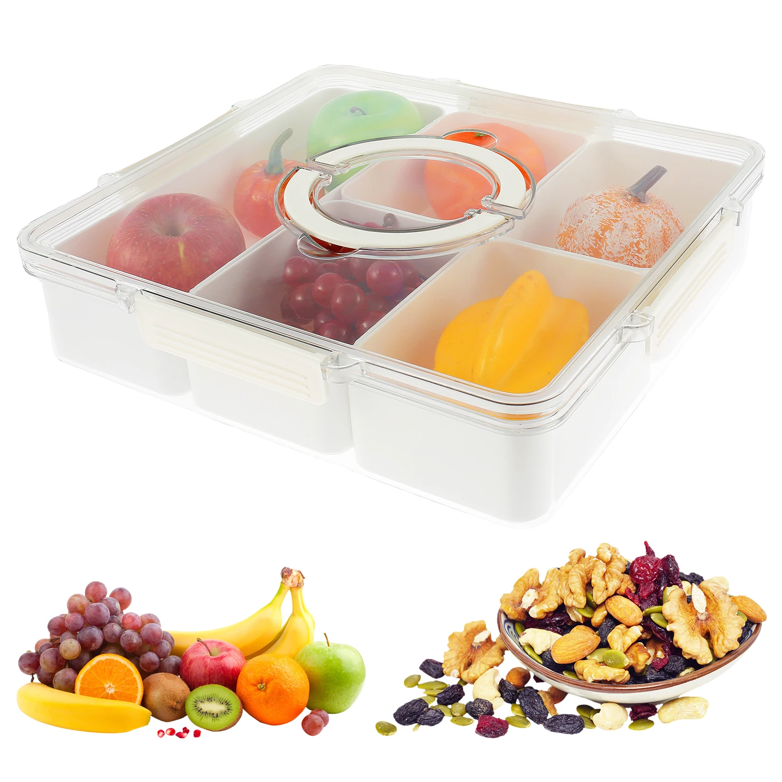 

Square/Round Divided Serving Tray with Lid Portable Divided Snack Box with Handle 5 Compartment Snack Serving Containers