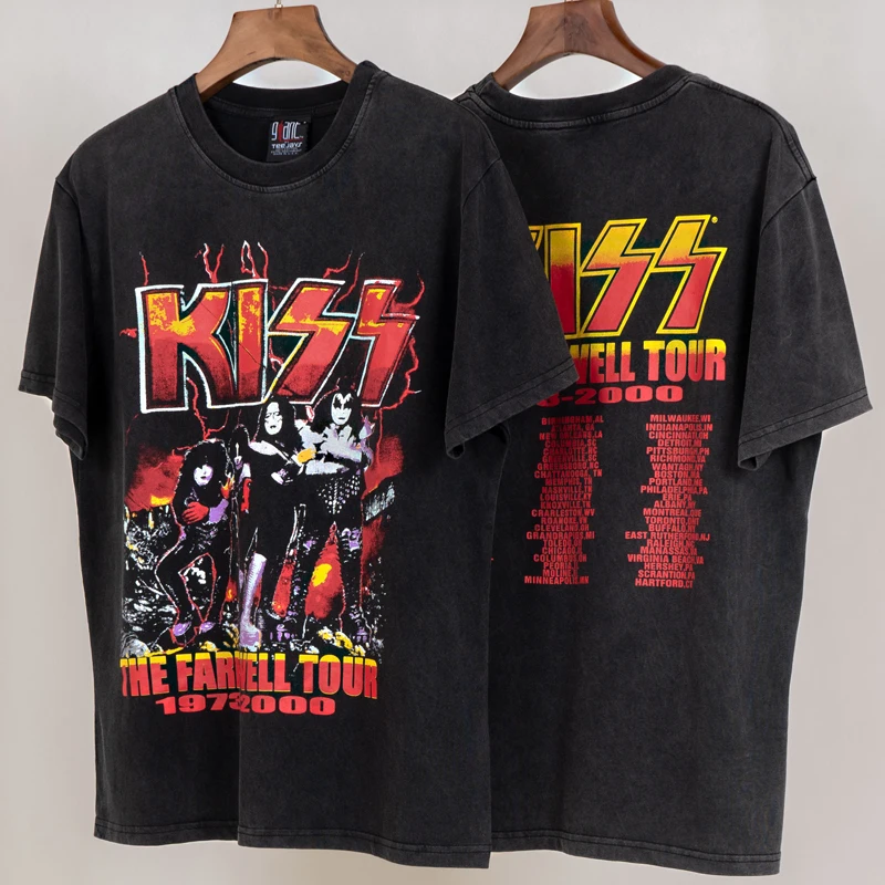 

Men's Clothing Trend New Rock Kiss Band Top Tee American High Street Hip Hop Streetwear KISS Short-sleeved T-shirts