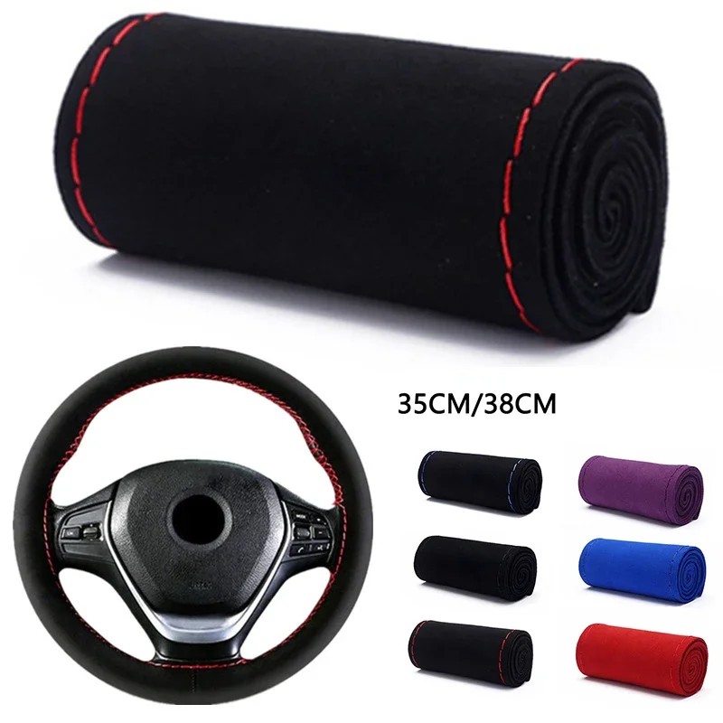 35cm/38CM Premium Fur Steering Wheel Cover Braiding Car Steering Wheel Case Non-slip Suede Matte Leather Braiding Steering Wheel Cover