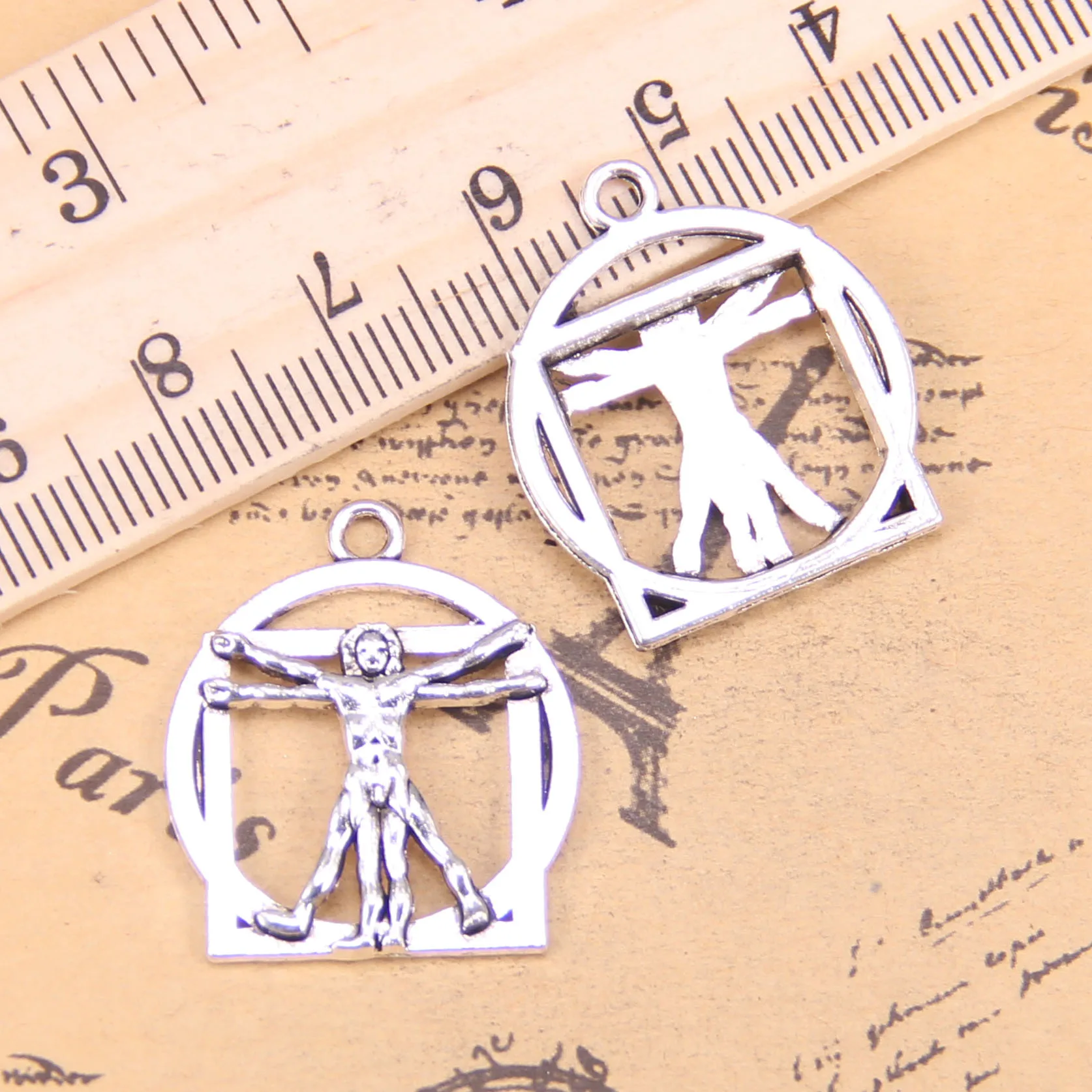 

54 шт., подвески для ювелирных изделий, фигурка человека да Винчи 26x22 мм, античные посеребренные Подвески, изготовление своими руками, драгоценности