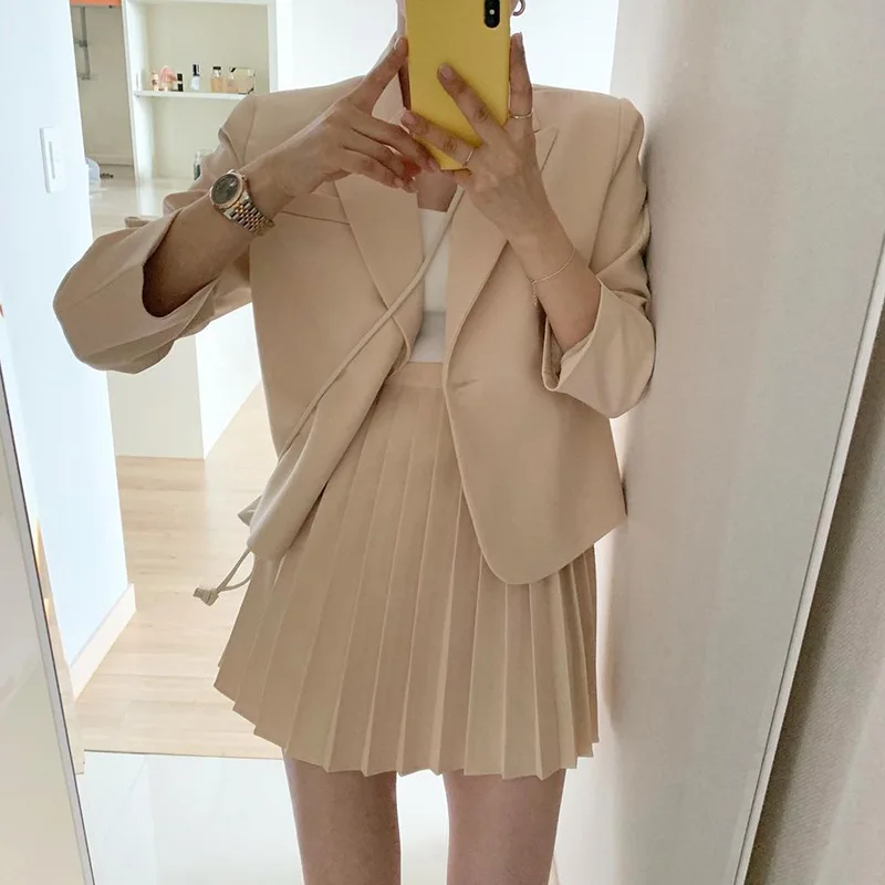 Ladies Skirt Suit, Solid Color Loose Long-sleeved Suit Jacket Temperament High-waist Pleated Skirt Short Skirt Two-piece Suit