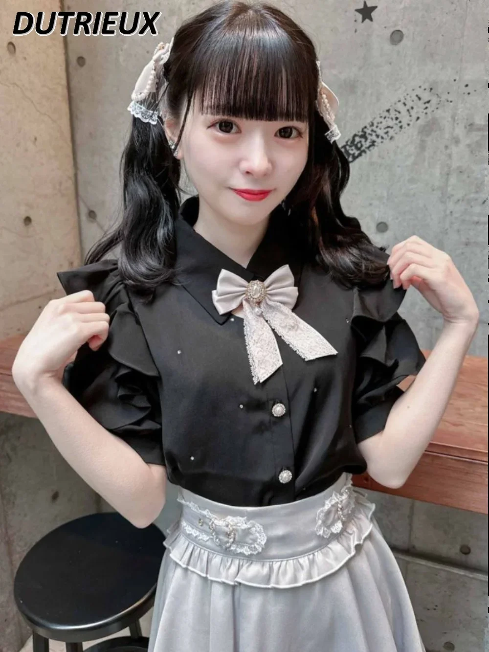 Japanese Style Lolita Women's Diamond-Embedded Decorative Solid Color Bow Short-Sleeved Shirt Ruffled Sweet Girl Versatile Top