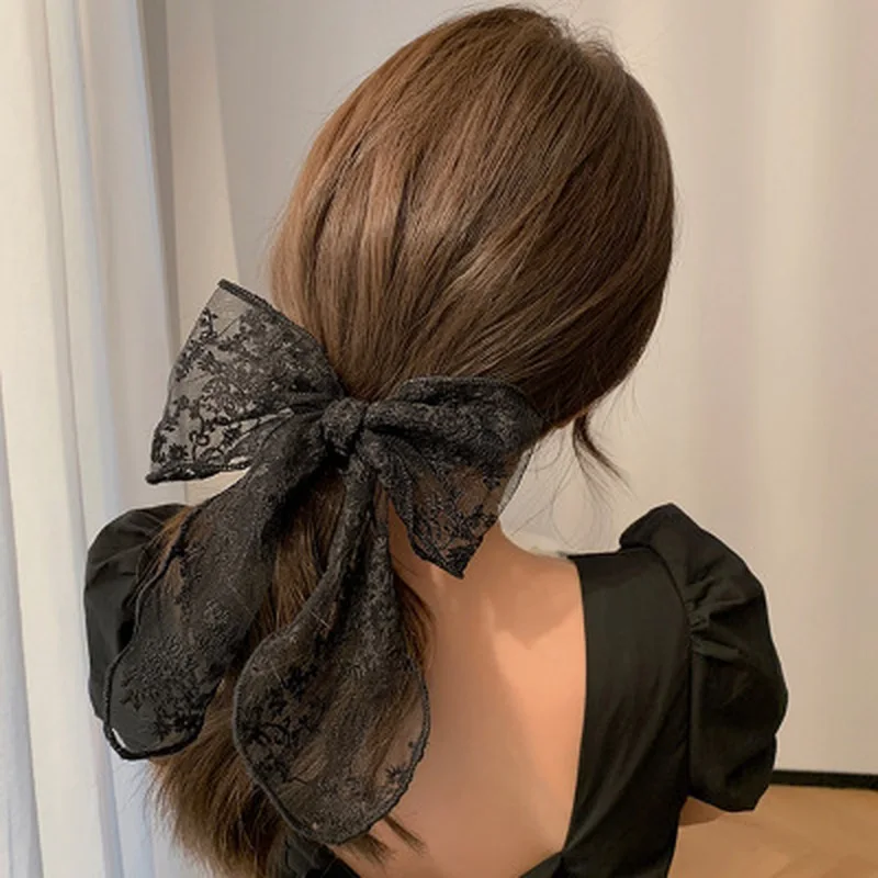 Vintage Black Velvet Bow Hair Ribbon Scrunchie for Women Girls Long Elastic Hair Tie Headwear Female Hair Accessories