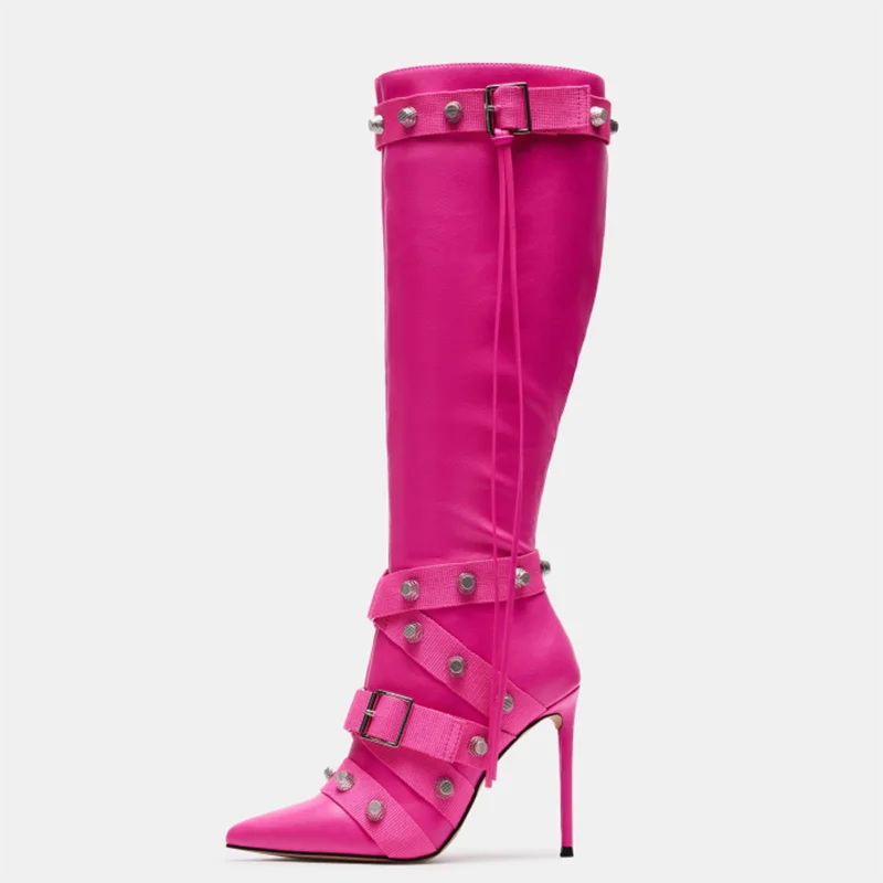 

New Trending Silver Side Zipper Women's Knee High Boots Pointed Toe Metal Studded Cross Straps Long Booties Stiletto Heel Denim