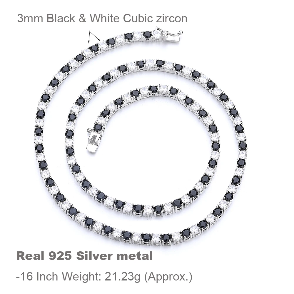 16-24 Inch (41-60 cm) Real 925 Sterling Silver Tennis Chain Necklace 3 mm One Black Mix One White Cubic Zircon Fine Jewelry