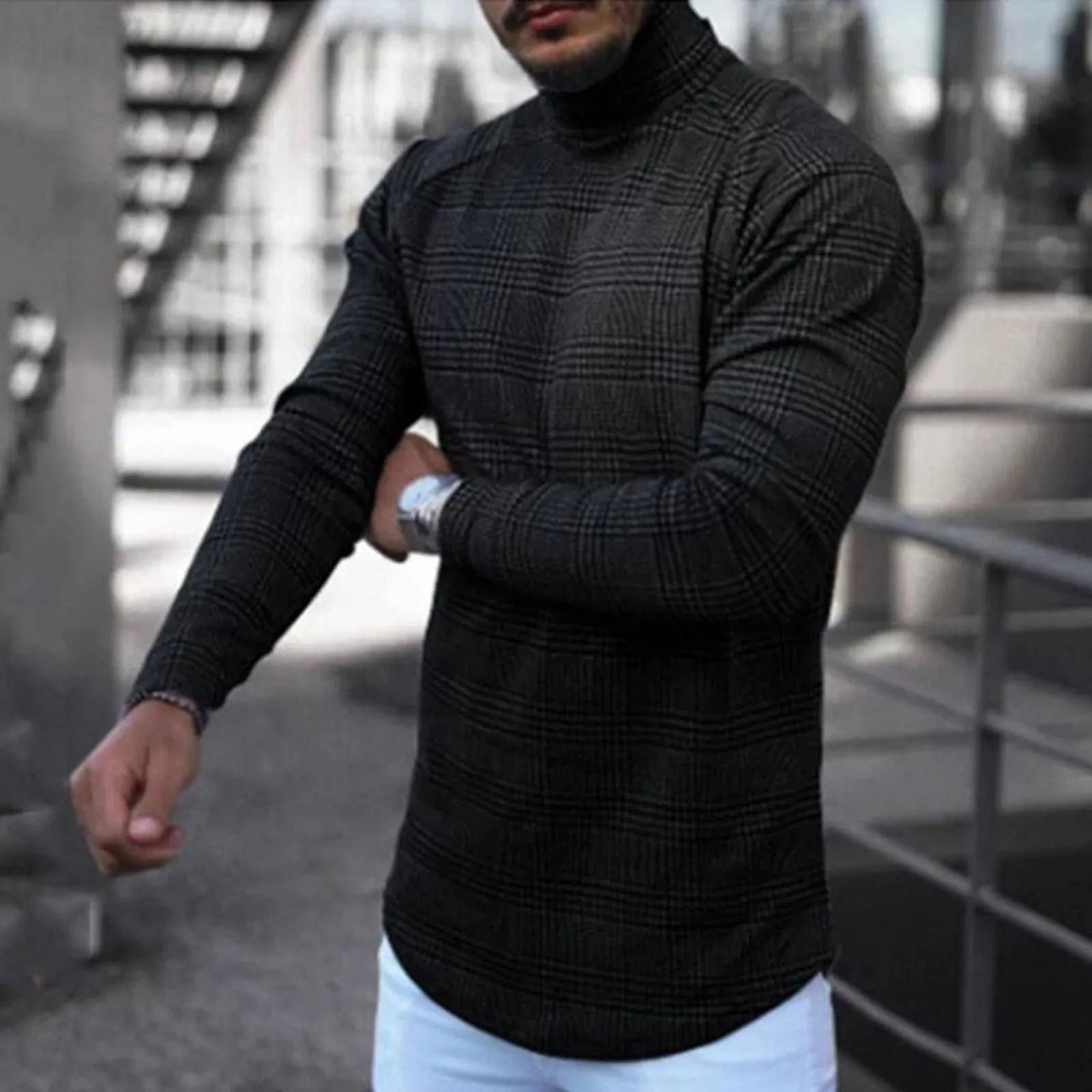 

Men's Casual Swallow Gird Stripe Print Long Sleeve Turtleneck T-Shirt Blouse Hip-hop Pullover