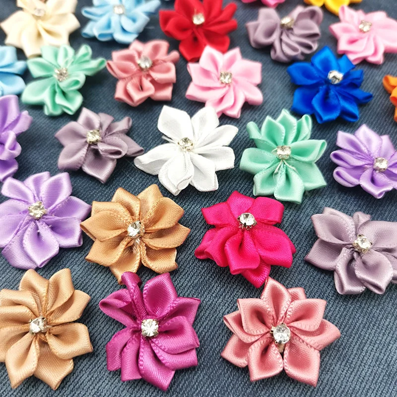 Description Picture 2 of item(50pcs/pack) 25mm Inlaid Rhinestones Small Handmade DIY Satin Ribbon Flowers Head Decorate Clothes To Make Wedding Invitations