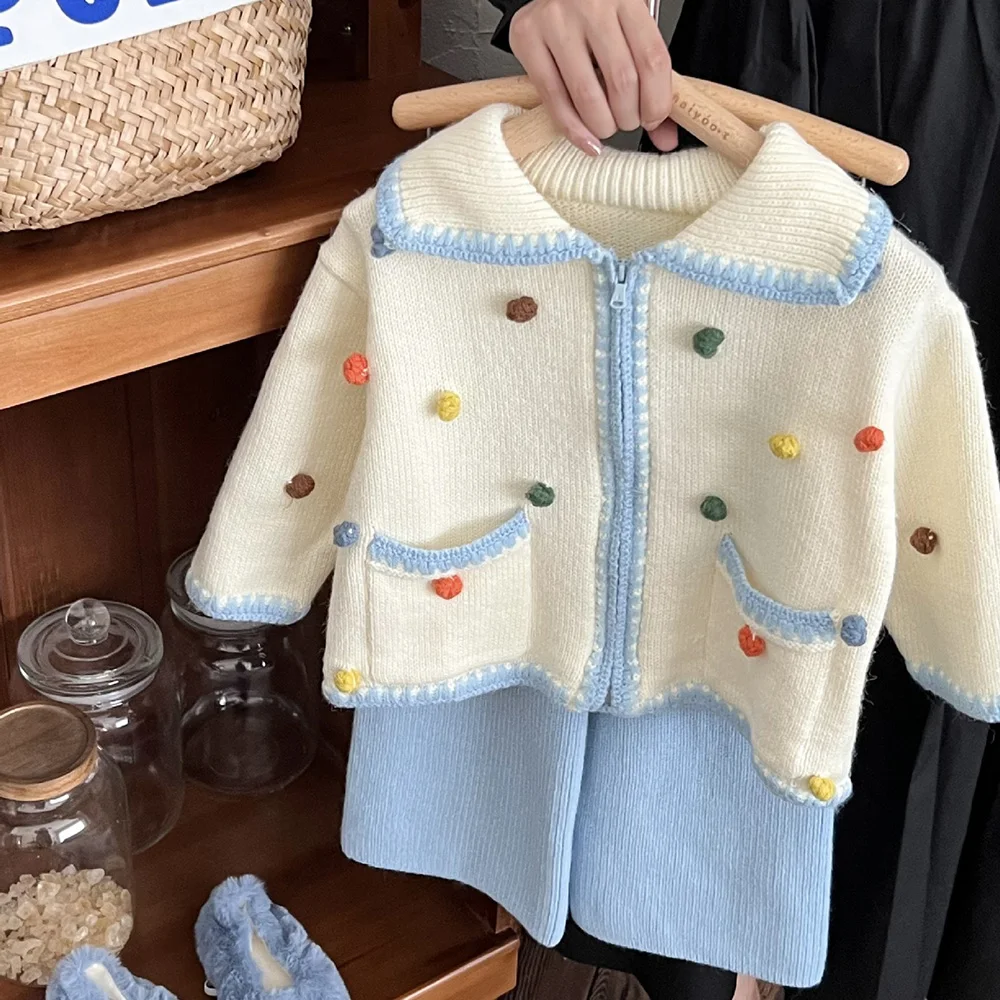 여아용 니트 지퍼 가디건 코트 및 루즈 팬츠, 용수철 가을 아동복 세트, 니트웨어, 패션, 2 벌