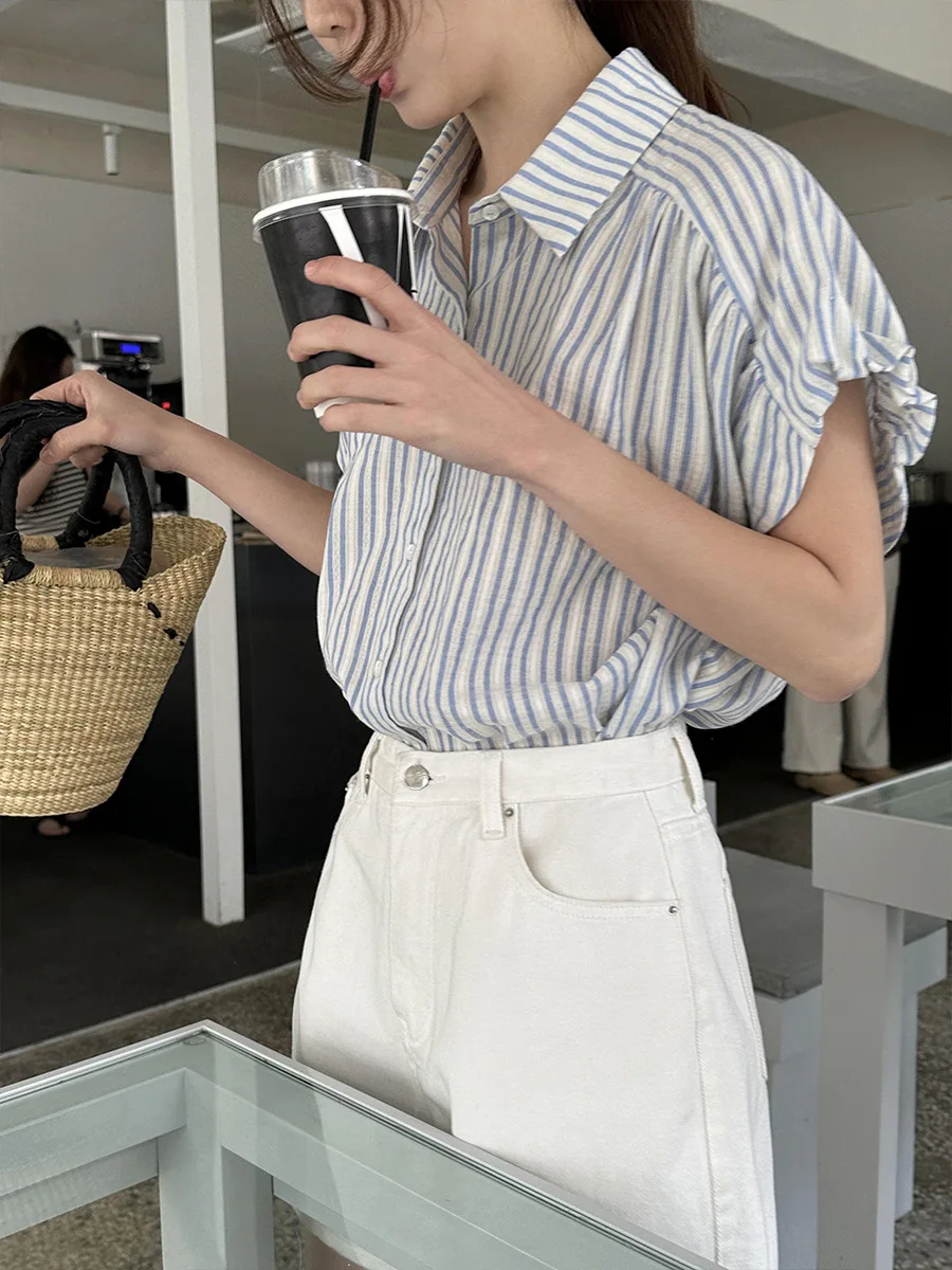 

Turn-down Collar Striped Women's Thin Shirt Summer Fresh Shirring Drop Shoulder Simple Single Breasted Office Lady Casual Blouse