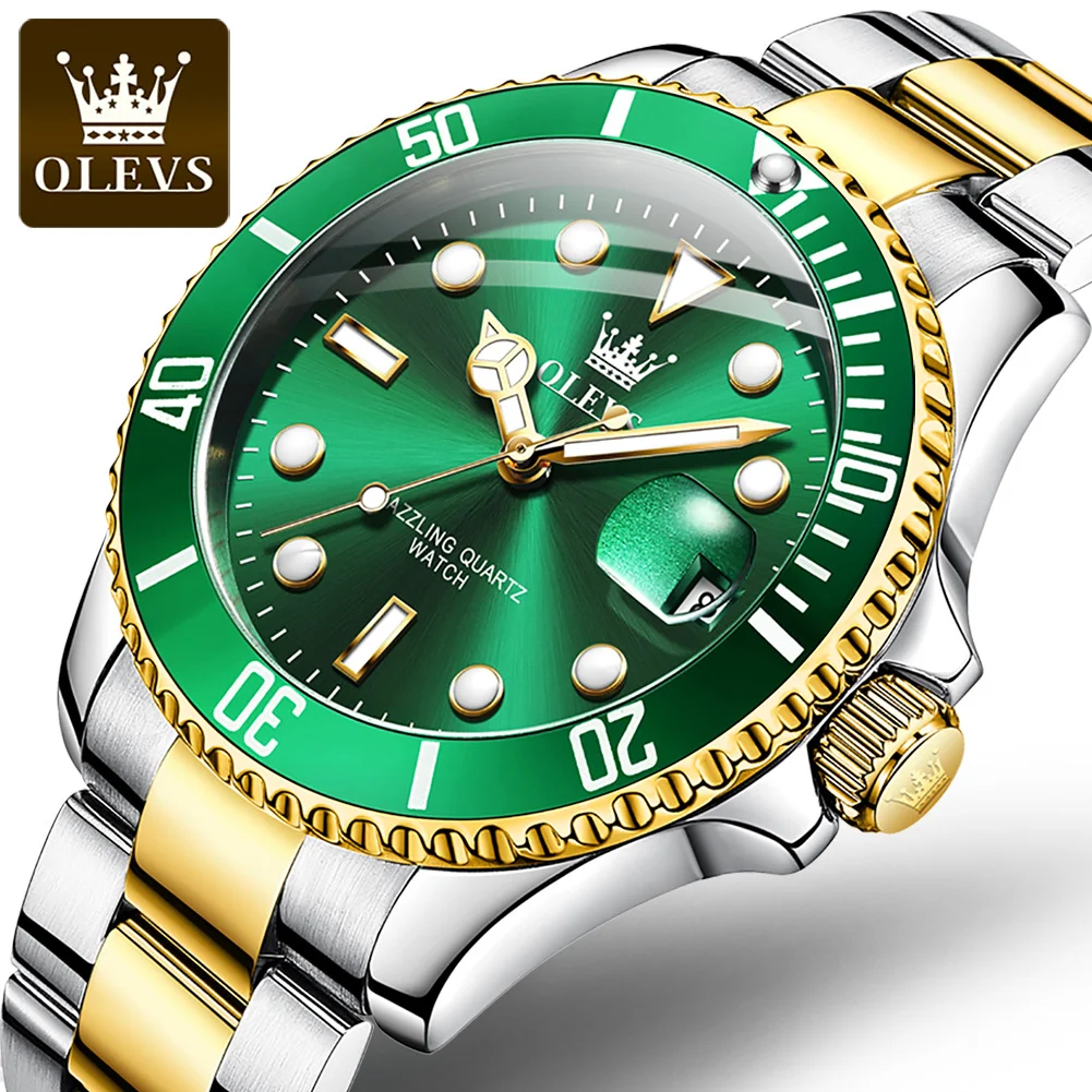 OLEVS Brand New Fashion Green Quartz Watch for Men Stainless Steel Waterproof Luminous Sport Date Wristwatch Relogio Masculino