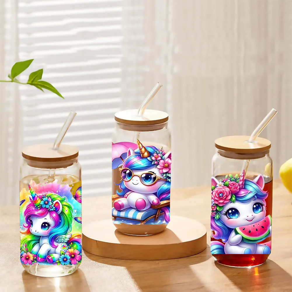 Colorful Unicorn Series easy peel waterproof DIY Decals Retro Beauty 3D transfers uvdtf crystal sticker 16oz uv dtf cup wraps