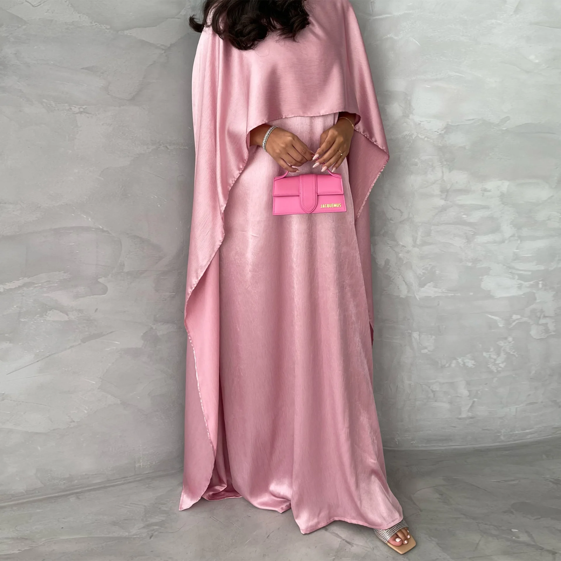 

Fashion Summer Shiny Satin Abayas Women Muslim Dress Cloak Cape Sleeve Party Gown Eid Ramadan Djellaba Dubai Kaftan Turkey Robe