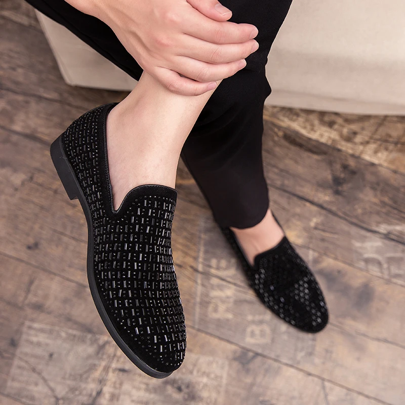 Brand Black Rhinestone Men Dress Shoes 