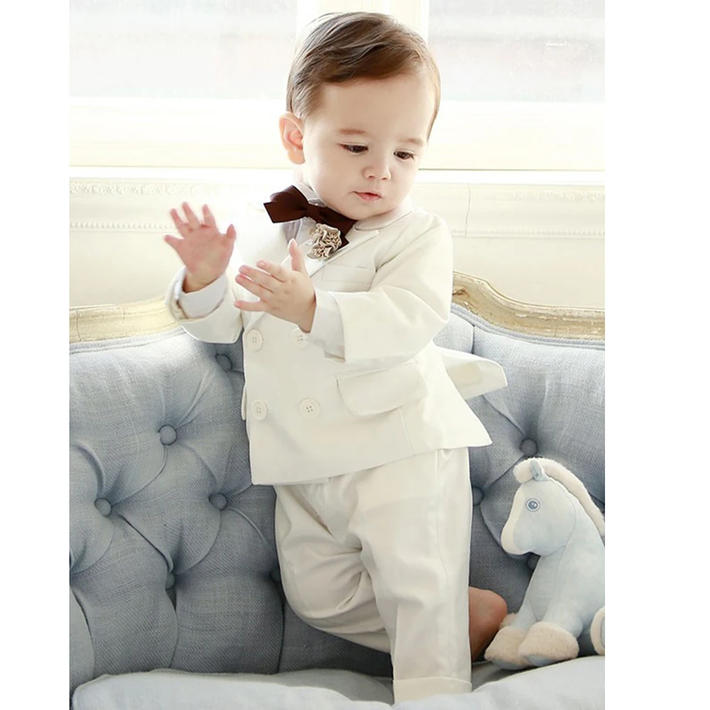 Kids Boys White Blazer Suspenders Pants 3PCS Set Children Baptism Wedding Suit Baby Boy Elegant Dress Party Costume Boys Suits