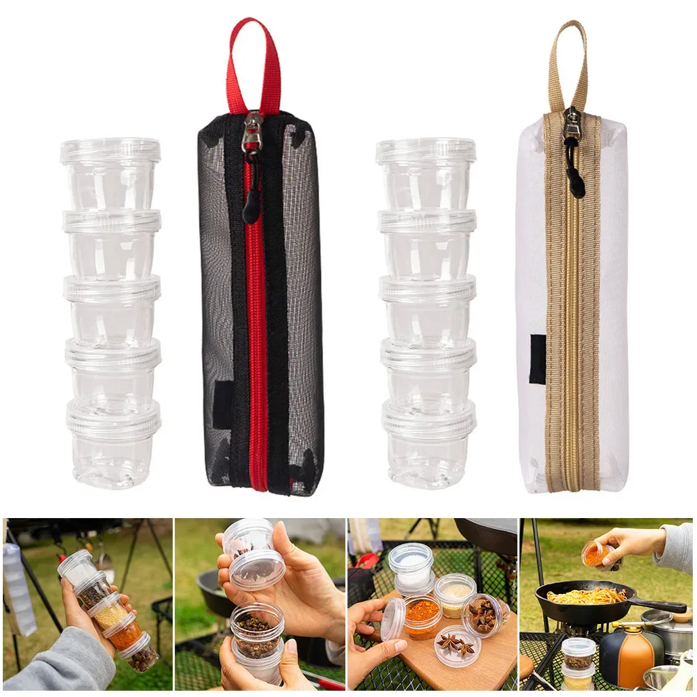 

Camping Spice Kit Outdoor Portable Travel Spice Container Bag and 5 Clear Seasoning Bottle Picnic Spice Holder Condiment Box Set