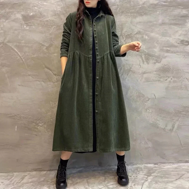 

Spring Fall Women Casual High Waisted Green Black Long Corduroy Trench Coat , 2023 Autumn Woman Vintage Loose Coats