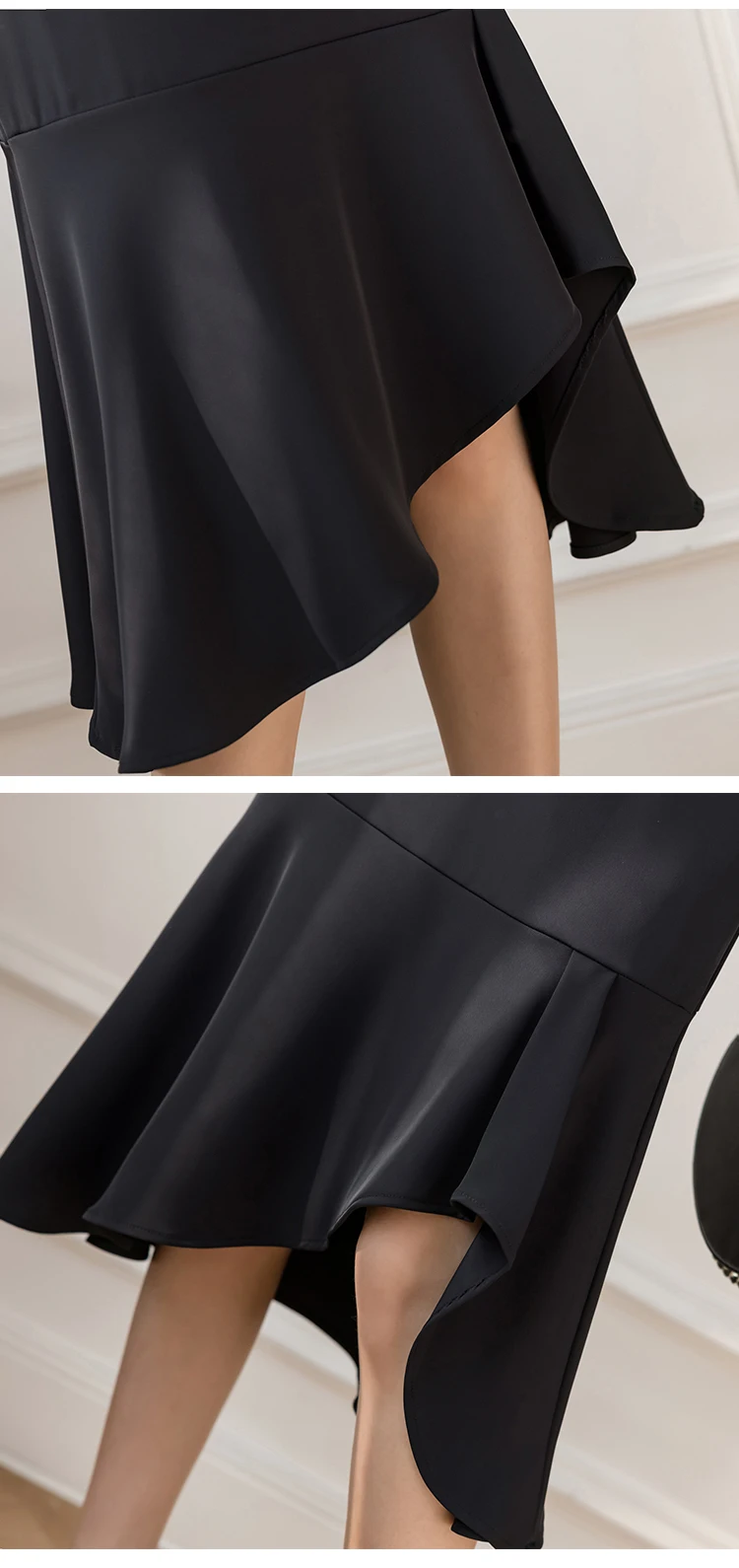 Ailegogo High Waist Women Solid Color Black Knee-length Skirts Spring Summer Casual Female Ruffles Asymmetrical Ladies Skirt summer skirts