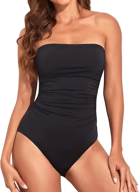 Sexy Bandeau One Piece Swimsuit 2025 Women Black Pleate Slimming Tummy Control Swimwear Summer Holiday Bathing Suit Monokini 1