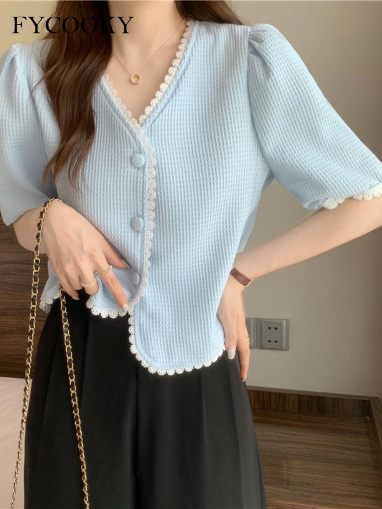 

Summer Lace Women Shirts New V-neck Short Sleeve Button Up Blouse Woman Korean Fashion Chic Crop Tops