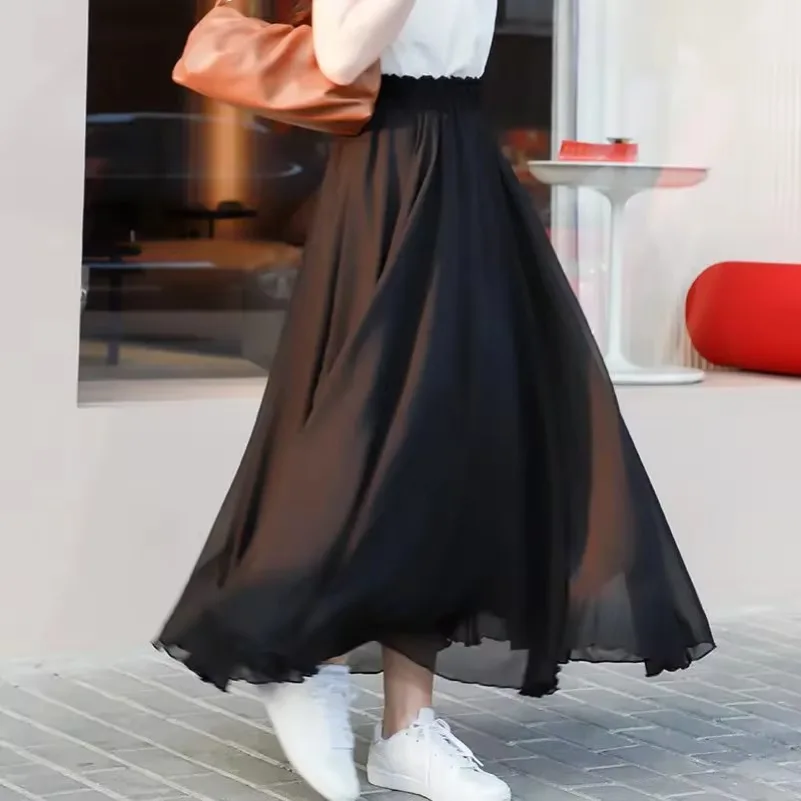 Women Summer Chiffon Dance Skirts Plus Size Full-Length Skirt High Waist Elegant Pink Black Red Royal Blue White Long Skirts 5