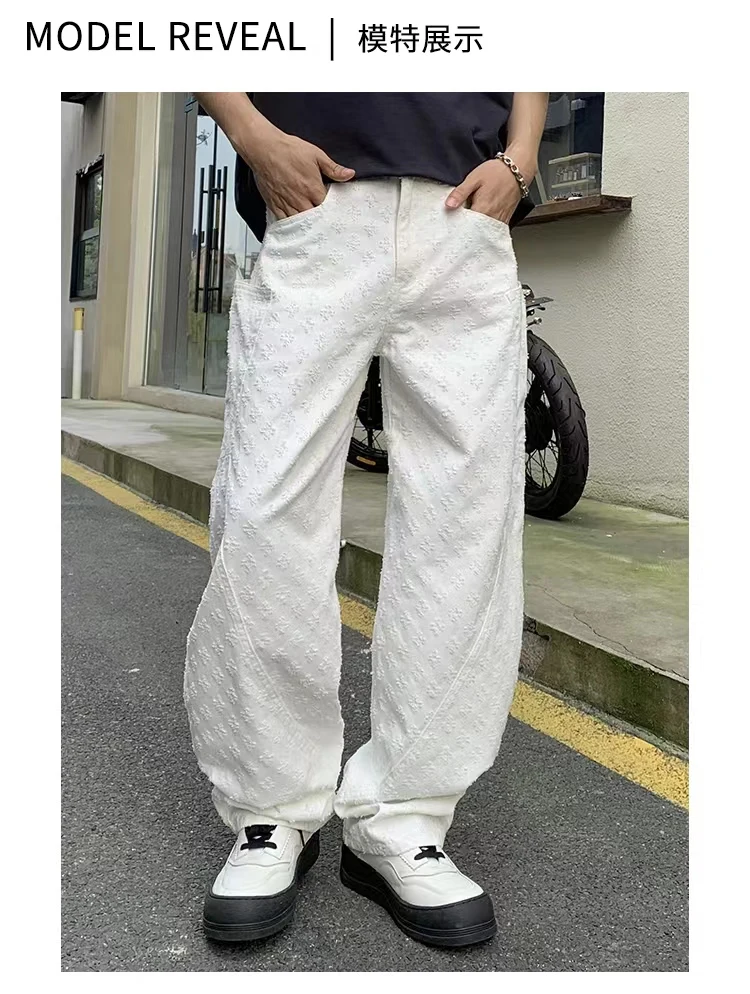 Description Picture 5 of itemStreet American Straight Wide-leg Jeans Vintage Jacquard Jeans Men's Pantalones Hombre Y2K Fashion White Streetwear Loose Pants