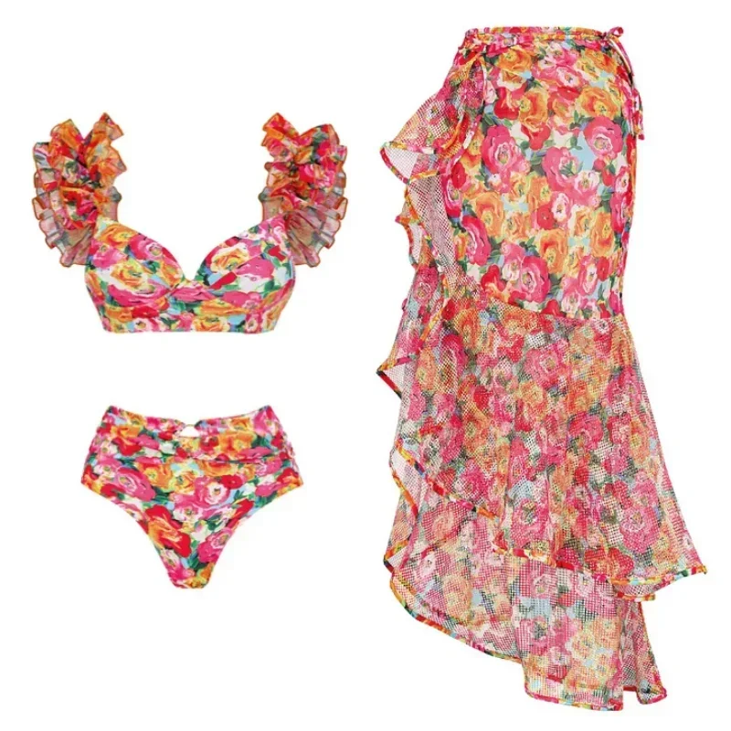 Women's Vintage Off Shoulder Printed Swimsuit and Sarong, One-Piece Bathing Suit, Summer Swimwear, Female Beachwear
