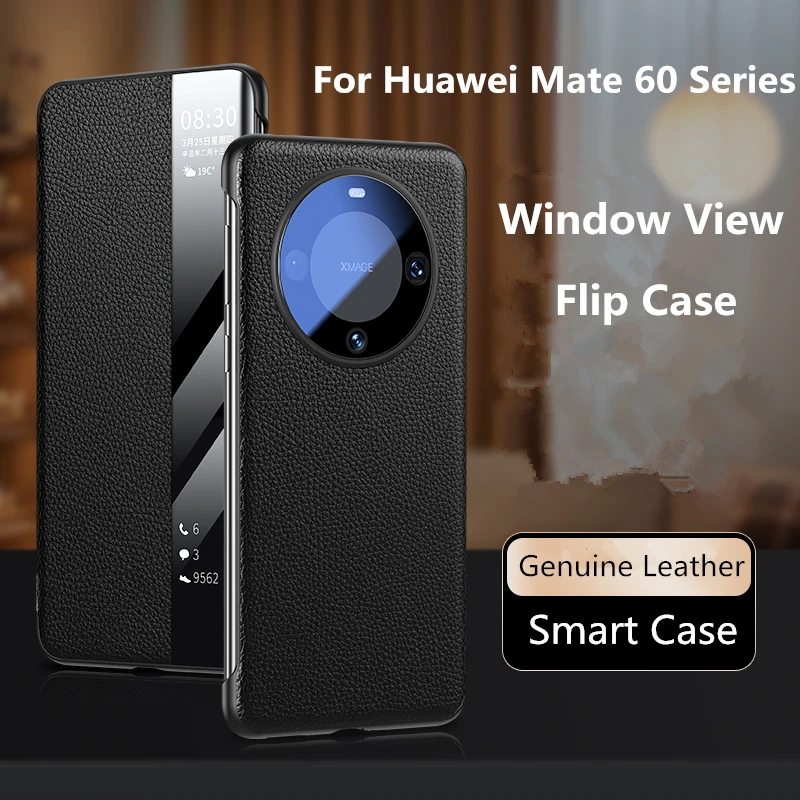 

Роскошный Матовый умный чехол из натуральной кожи с узором Личи для Huawei Mate 60 Mate 60 Pro, чехол с откидной крышкой с окошком и функцией автоматического пробуждения и сна