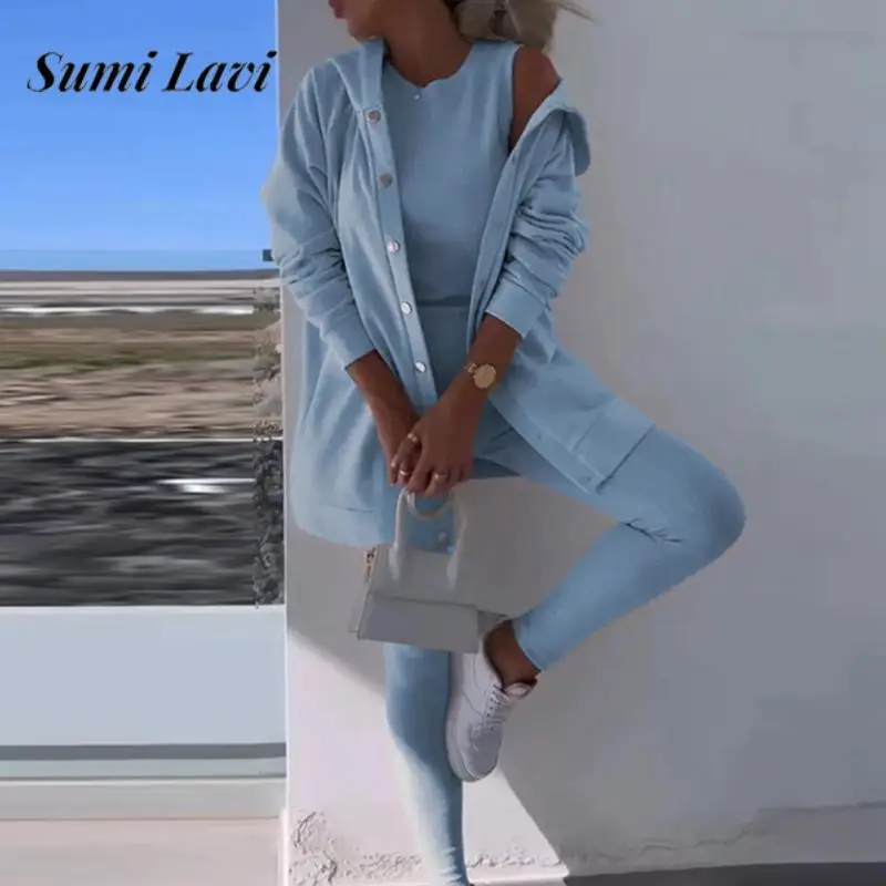 

Elegant Textured Sportswear 3Pc Set Sexy Sleeveless Vest & Pencil Pant & Hooded Coat Suit Women Casual Long Sleeve Solid Outfits