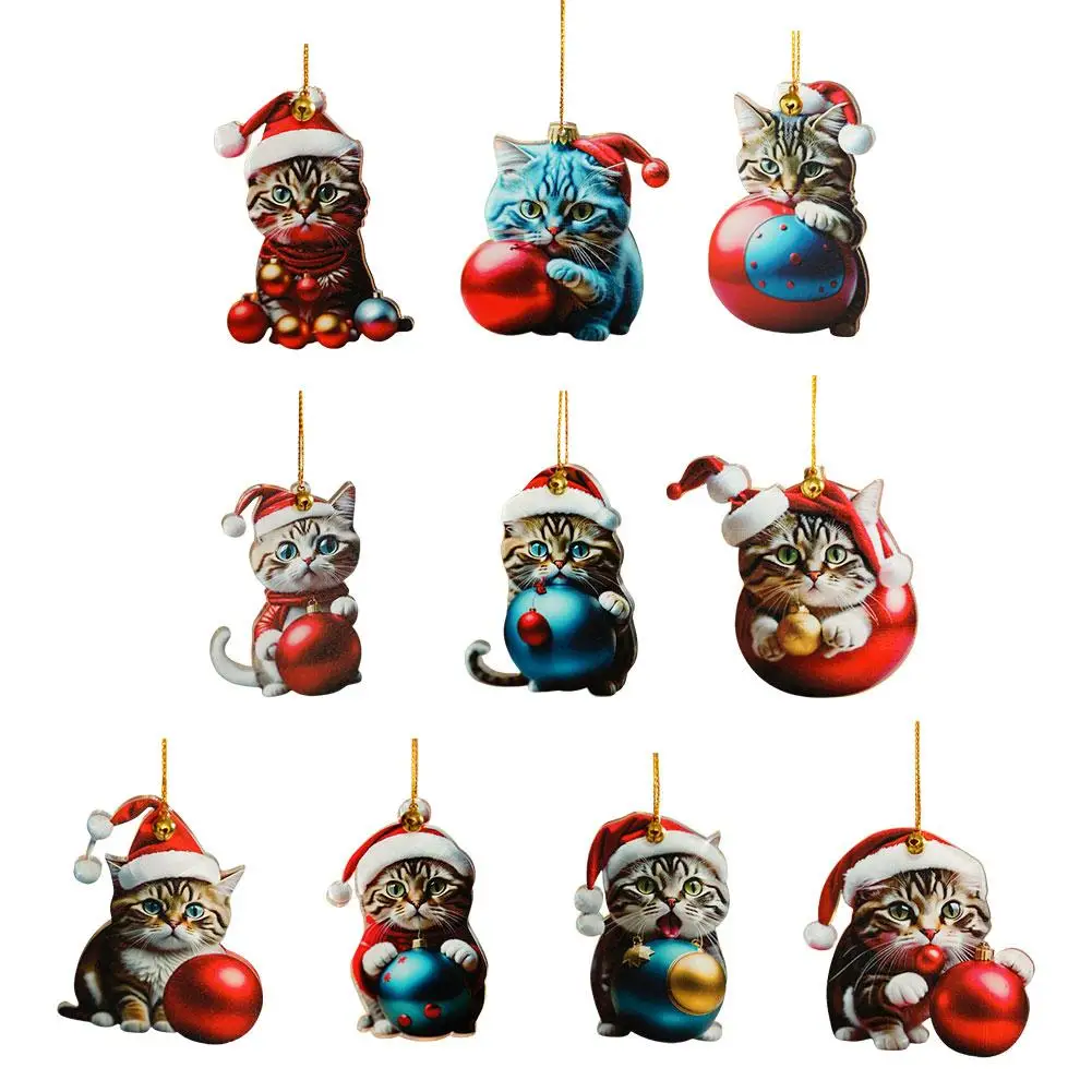 

Christmas Cute Cat Acrylic Pendants Christmas Tree Hanging Decoration Charm Santa Hat Car Packback Keychain Gift for Friend N6Q2