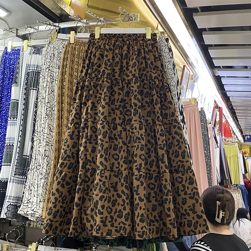 

Женская длинная юбка с леопардовым принтом, свободная трапециевидная юбка с высокой талией, Осень-зима 2024