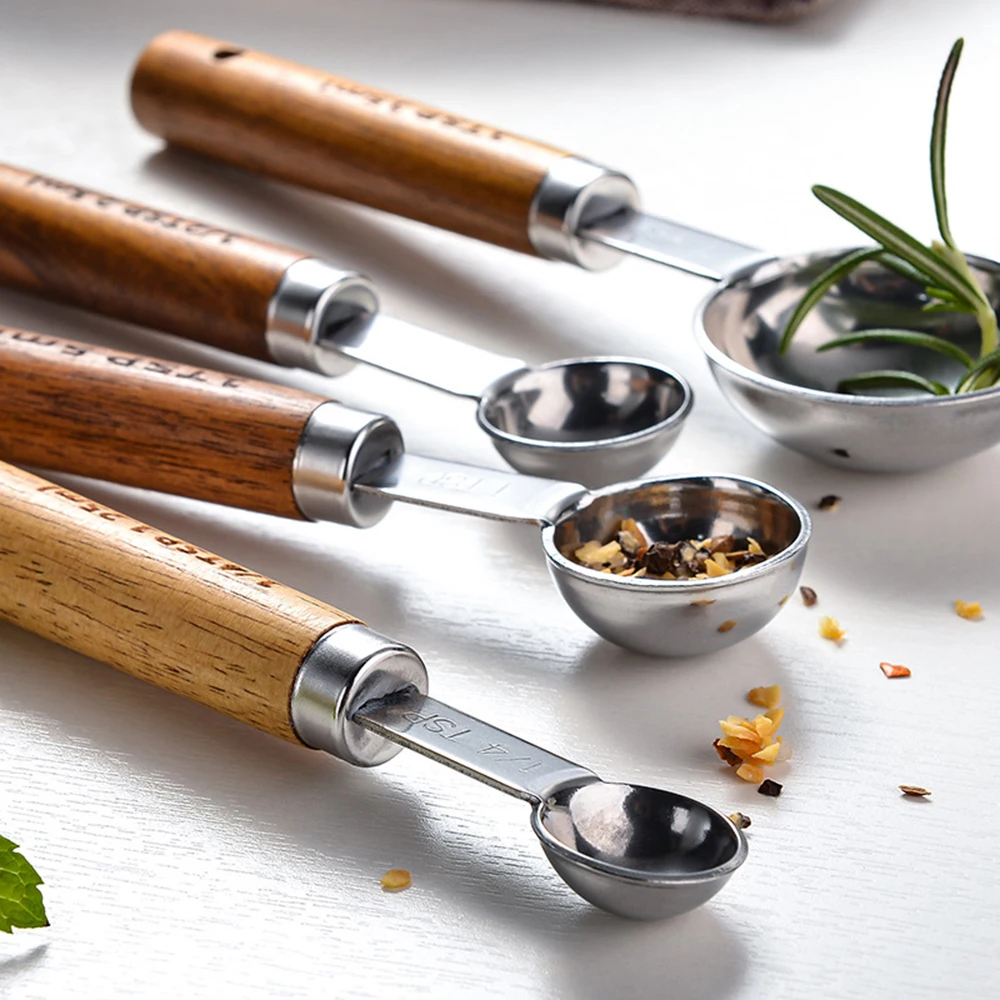 Measuring Spoon Set Wooden Handle Stainless Steel Measuring Cups Spoons kitchen measuring spoons measuring spoon set measuring cup and spoon set Baking Tools Coffee Bartending Scale Kitchen Accessories