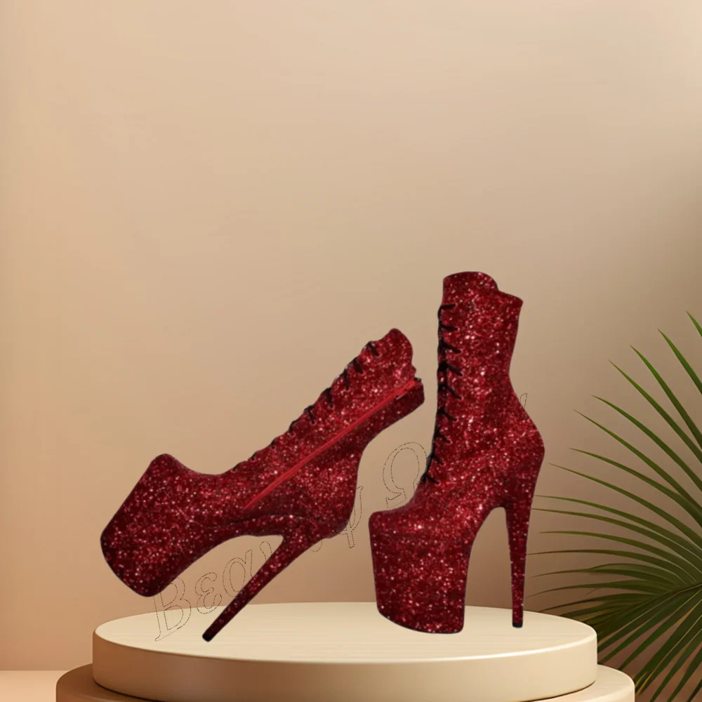 

Red Bling Bling Short Boots Platform Lace up Spike High Heel Shoes for Women Round Toe High Heels 2023 New Zapatos Para Mujere